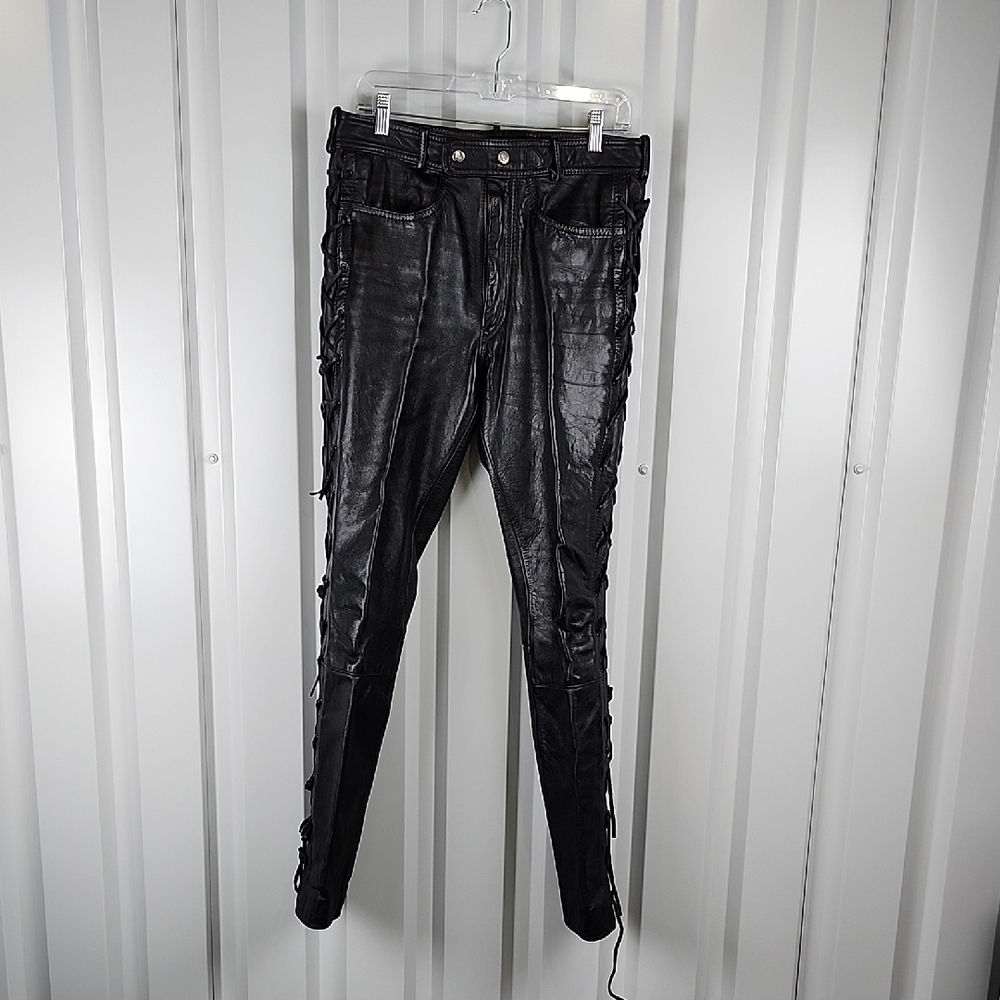 Black Leather Side Lace-Up Motorcycle Riding Pants Size 33.5x31 Approx Size 10